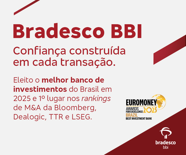 Bradesco BBI. Confiança construída em cada transação. Eleito o melhor banco de investimentos do Brasil em 2025 e 1º lugar nos rankings de M&A da Bloomberg Dealogic, TTR e LSEG.